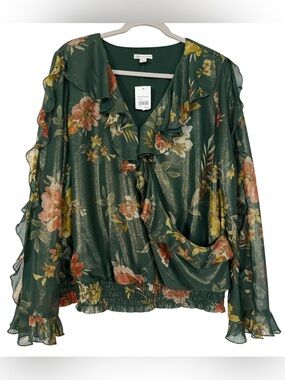 Cato Green Floral Metallic Faux Wrap Blouse Top Ruffle NWT Size XL